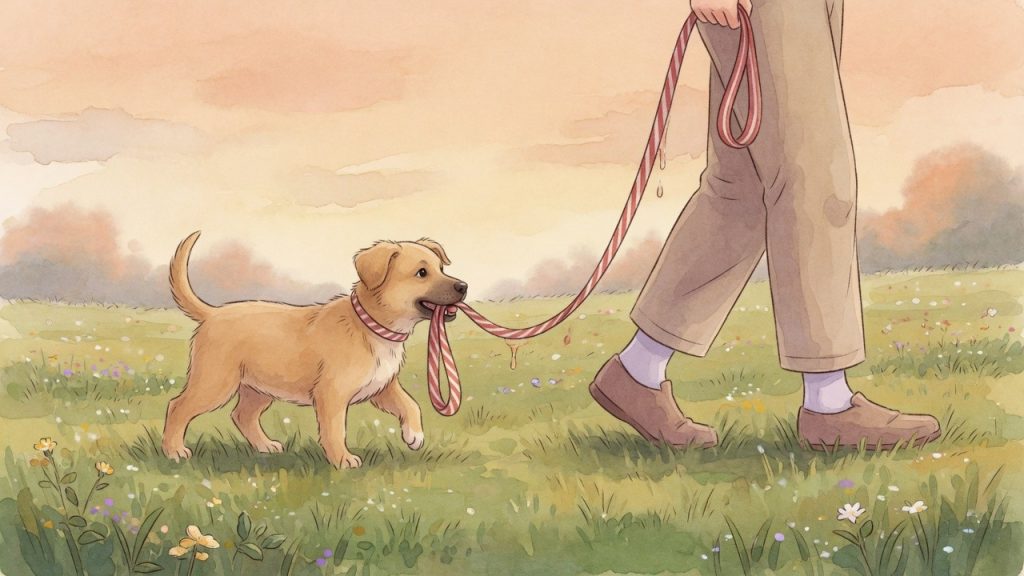 Welpe beißt in Leine: Hund an lockerer Leine, gewaltfreies Training